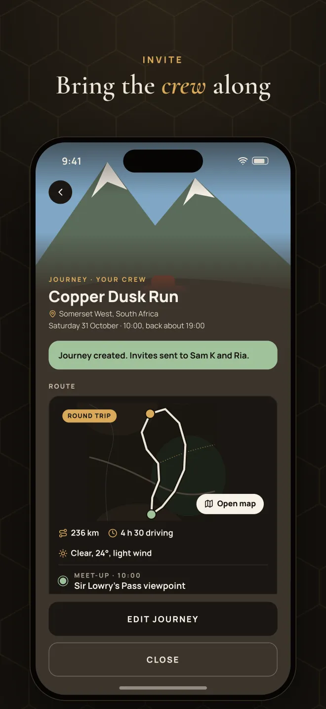 A journey invite with the route and the crew